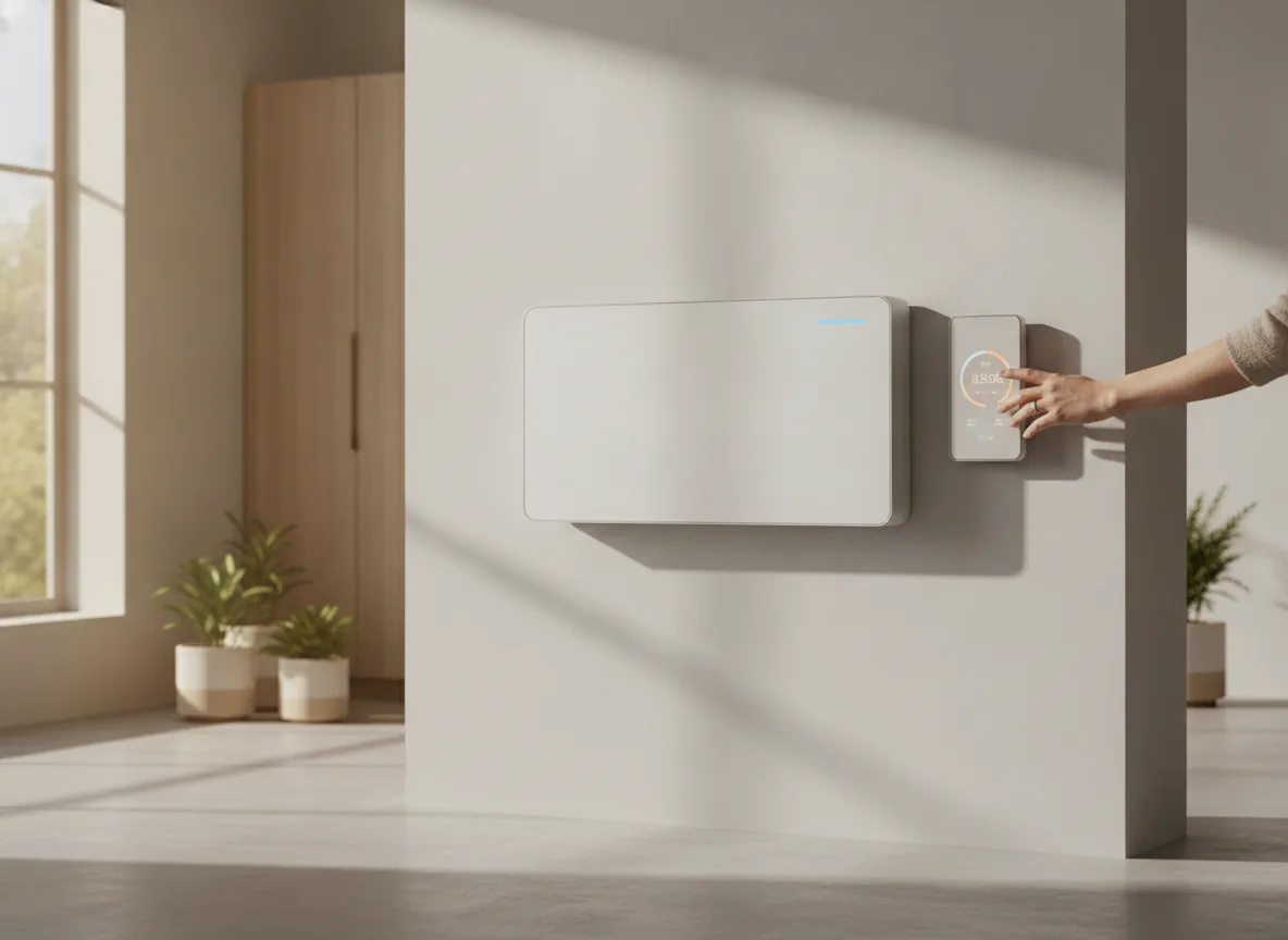 Batterie de stockage solaire installée dans un garage, ambiance chaleureuse