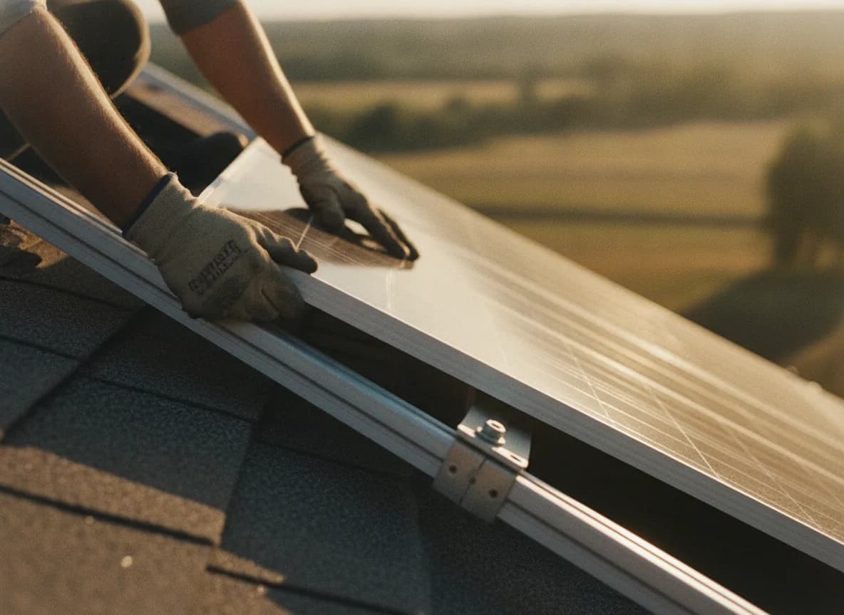 Mains gantées d'un installateur Solaren posant soigneusement un panneau photovoltaïque